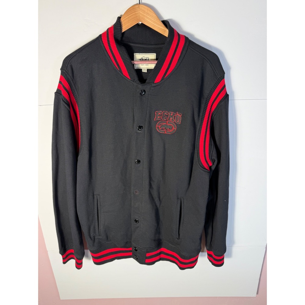 Ecko Unltd Mens XXL Varsity Bomber Jacket Black Red Rhino Logo Snap Front